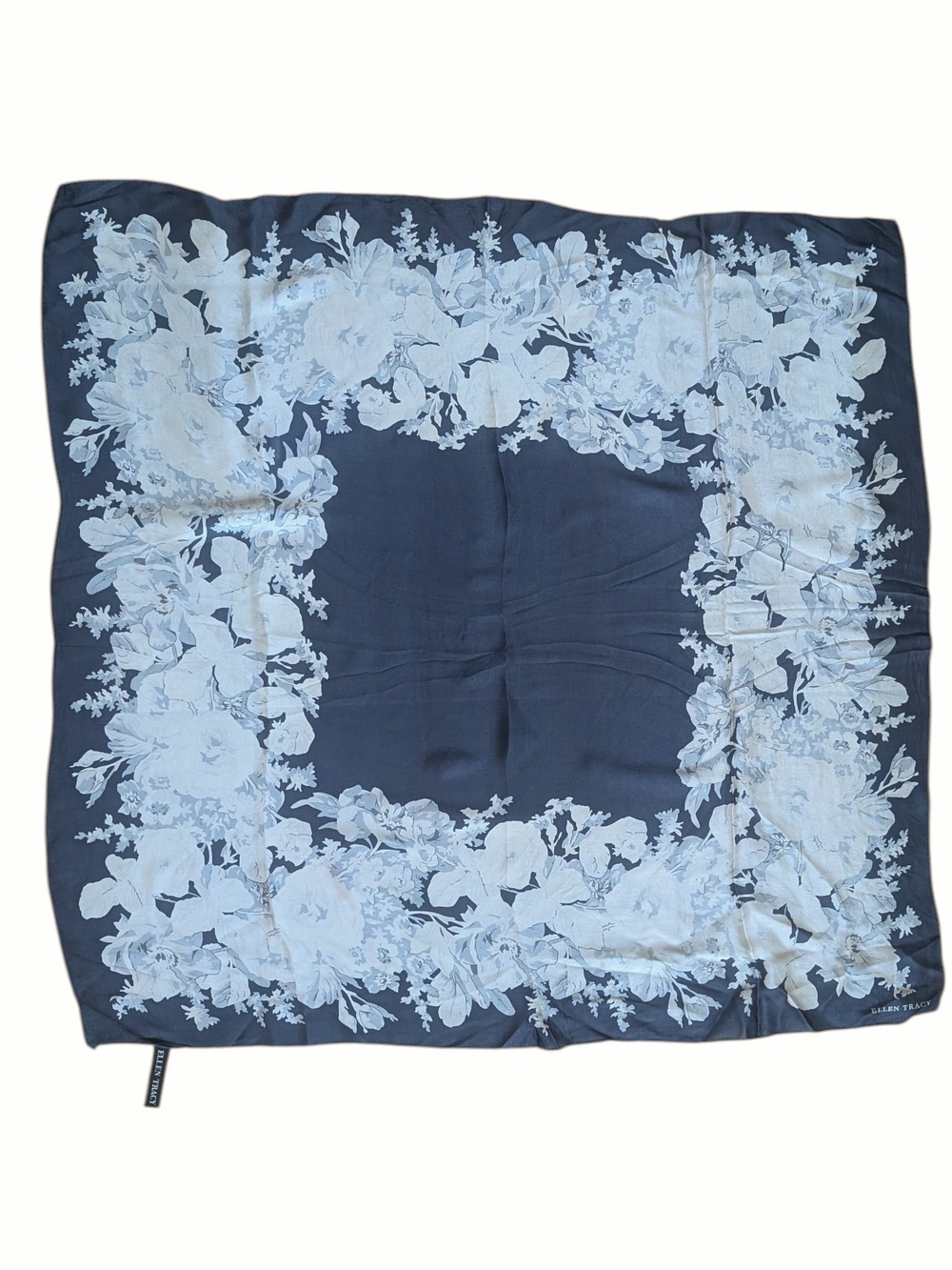 Ellen Tracy 100% Silk Navy and White Floral Wrap Scarf 33" X 33" - Picture 3 of 7